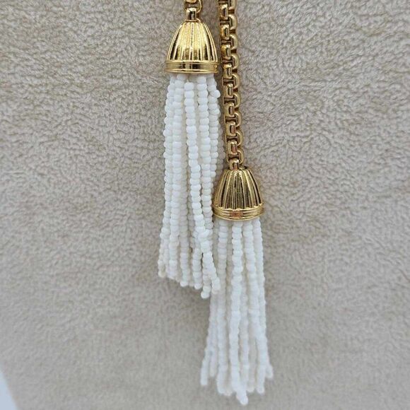 J Crew White Beaded Long Tassel Necklace NEW! NWOT! - Picture 2 of 11